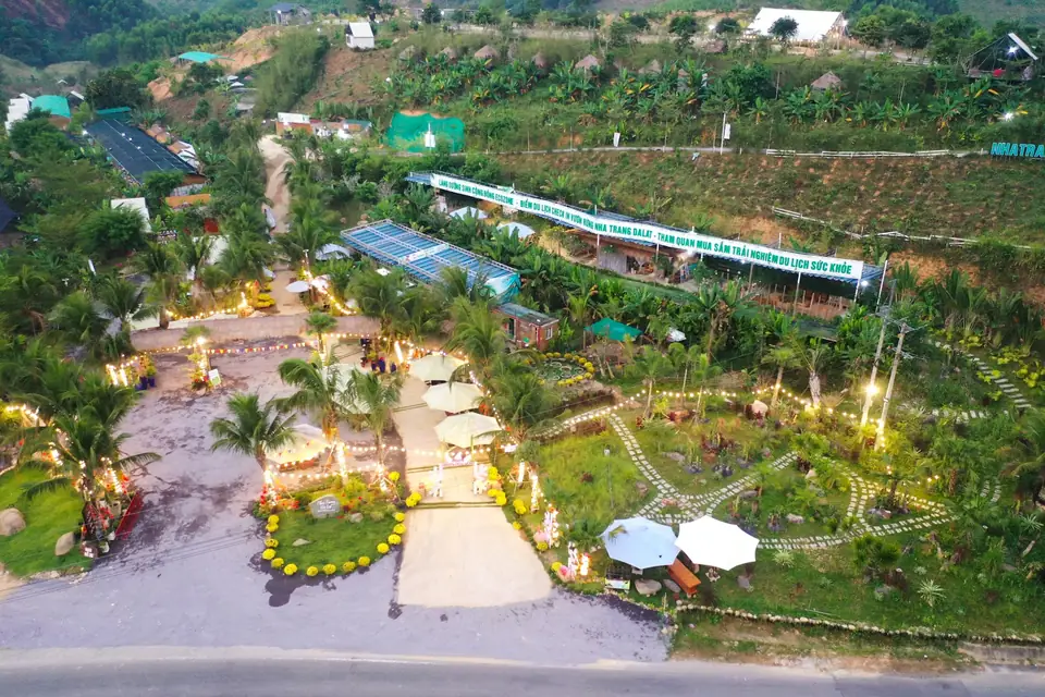 Flycam lúc chạng vạng: đèn vàng sáng dọc lối sỏi, vườn dừa và dãy ô trắng trước làng